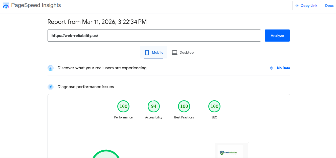 Screenshots 5 web reliability pagespeed